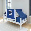 White wooden single children's bed with navy blue tent canopy and roll-up window, kids play bed for toddler bedroom
