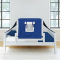 Navy blue kids bed tent canopy with roll-up window on a white wooden toddler bed in a bright bedroom