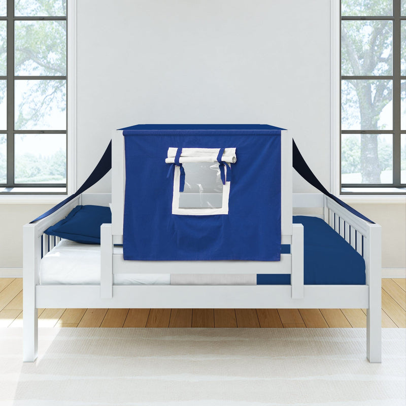 Navy blue kids bed tent canopy with roll-up window on a white wooden toddler bed in a bright bedroom
