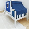 White wooden kids bed with navy blue tent canopy and matching blue bedding in modern children's bedroom