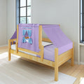Wooden kids bed with purple play-tent canopy and blue tie-back curtains on a natural pine frame in a bright children’s bedroom