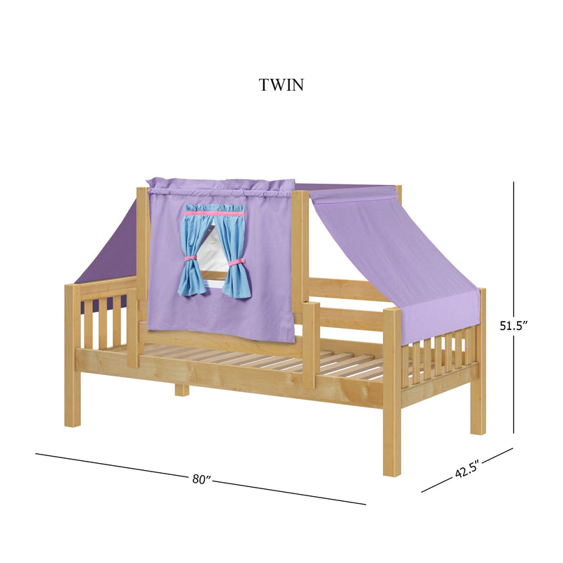 Twin solid wood canopy bed with purple playhouse tent and blue tie-back curtains, children's low-profile slatted twin bed frame, dimensions 80 x 42.5 x 51.5 in