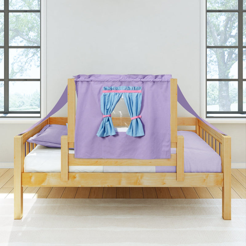 Children's wooden toddler bed with light wood frame, lavender play-tent canopy and blue tie-back curtains over a purple mattress — modern kids' bedroom decor