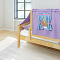 Children's natural pine low loft bed with purple playhouse canopy and blue tie-back curtains, white mattress in bright sunlit bedroom