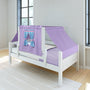 White wooden twin canopy kids bed with purple tent canopy and blue window curtains — children's playhouse bed for toddlers