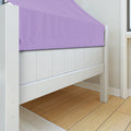 White wooden platform bed frame with lavender fitted sheet on light hardwood floor in modern bedroom