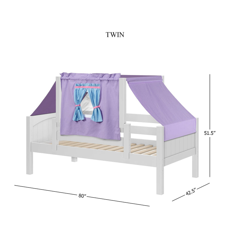 White wooden twin canopy bed for kids with lavender and purple tent canopy, blue tie-back playhouse curtains, slatted platform mattress support, labeled dimensions 80 x 42.5 x 51.5 inches