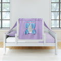 White kids daybed with lavender play-tent canopy and blue tie-back curtains in a bright room with hardwood floor and large windows