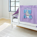 White wooden kids loft bed with purple playhouse curtain, blue tie-back window curtains and lavender pillow on hardwood floor