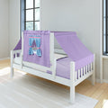 White wooden children's twin bed with purple/lilac canopy play tent and blue-tied window curtain, toddler bed for kids in modern bright bedroom