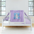 Toddler bed with purple playhouse canopy and blue tie-back curtains on a white wooden frame with lavender bedding in a bright kids' bedroom