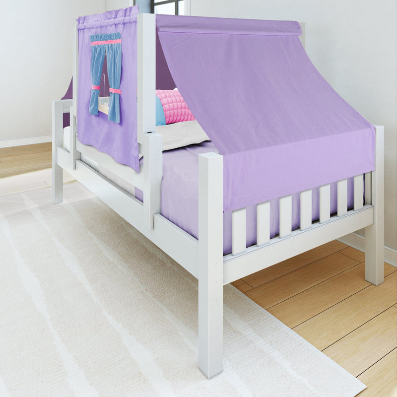 White wooden twin playhouse bed with lavender canopy tent, purple window curtains and pink quilted pillow in a kids' bedroom