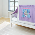 White wooden kids loft bed with purple play-tent canopy and blue tie-back curtains in bright modern children's bedroom
