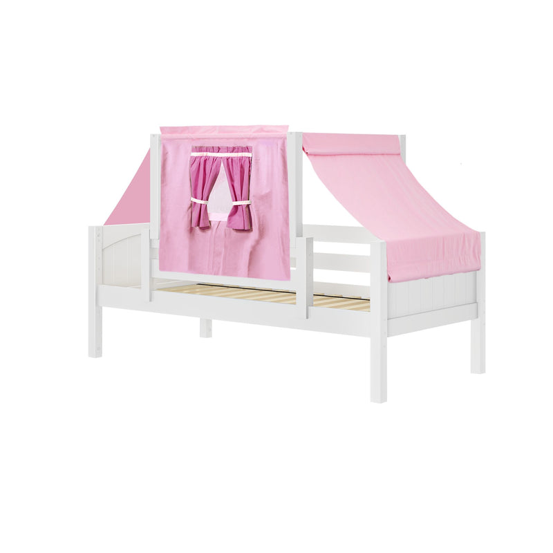 White wooden toddler bed with pink playhouse canopy and window curtains, single kids bed for girls' bedroom