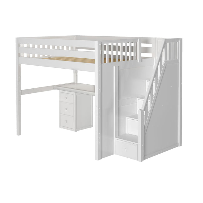 ENORMOUS12 XL WS : Storage & Study Loft Beds Full XL High Loft Bed with Stairs + Desk, Slat, White