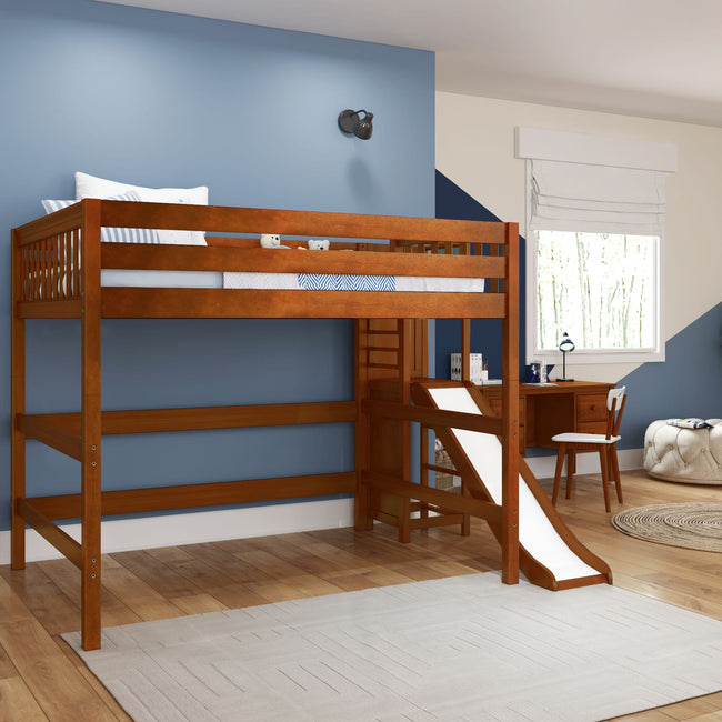 FLUTE XL CS : Play Loft Beds Queen High Loft Bed with Slide Platform, Slat, Chestnut
