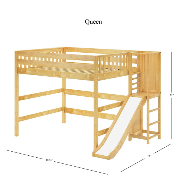 FLUTE XL NS : Play Loft Beds Queen High Loft Bed with Slide Platform, Slat, Natural