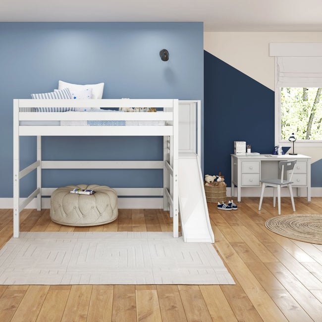 FLUTE XL WS : Play Loft Beds Queen High Loft Bed with Slide Platform, Slat, White