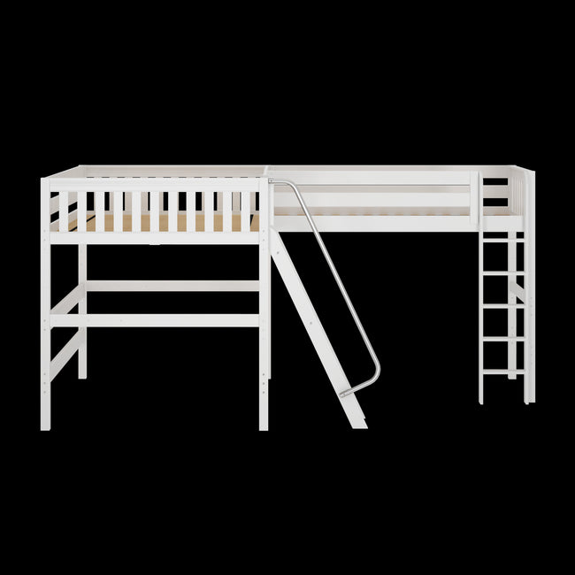 PINNACLE XL WS : Corner Loft Beds Queen + Twin XL High Corner Loft with Straight Ladder and Angled Ladder, Slat, White