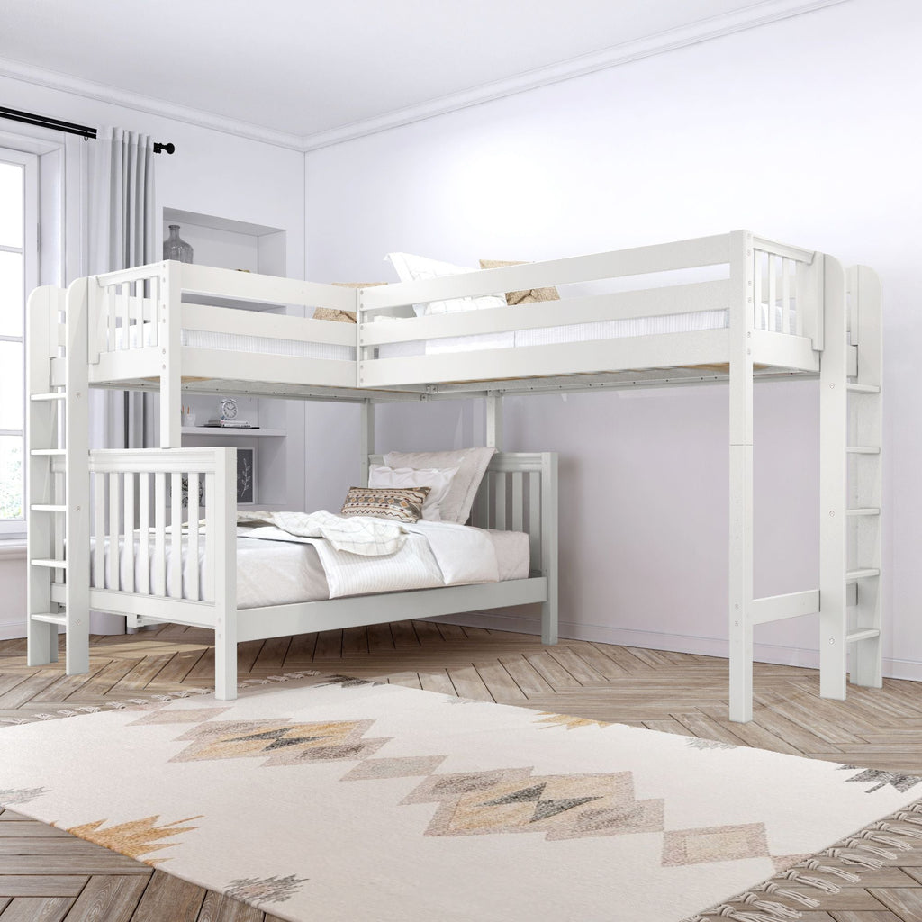 TRINITARIAN XL 1 NS : Multiple Bunk Beds Twin XL over Queen + Twin XL High Corner Loft Bunk with Straight Ladders on Ends, Slat, Natural