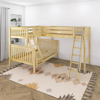 TRINITARIAN XL NS : Multiple Bunk Beds Twin XL over Queen + Twin XL High Corner Loft Bunk with Angled Ladders, Slat, Natural