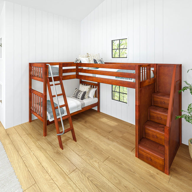 TROIKA XL CS : Multiple Bunk Beds Twin XL High Corner Loft Bunk with Angled Ladder and Stairs on Right, Slat, Chestnut
