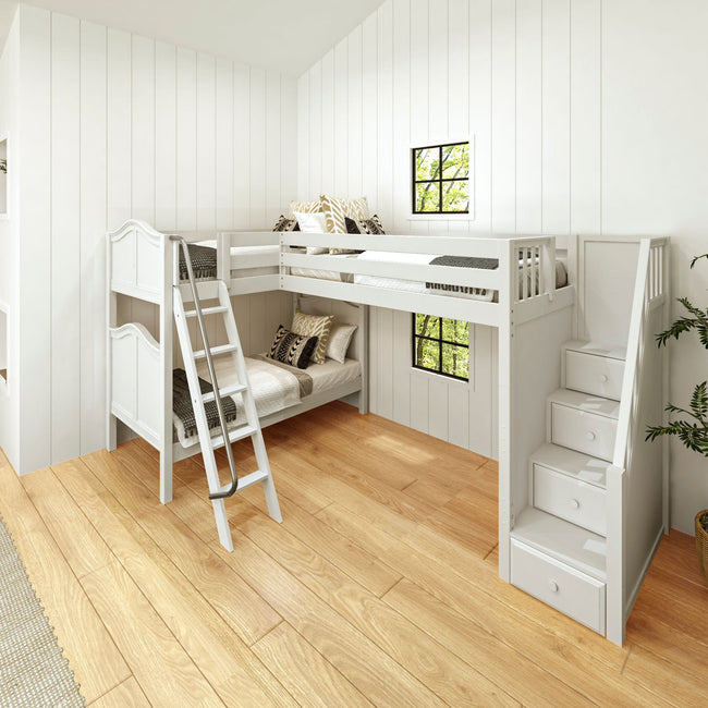 TROIKA XL WC : Multiple Bunk Beds Twin XL High Corner Loft Bunk with Angled Ladder and Stairs on Right, White, Curve