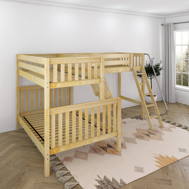 TRINITARIAN XL NS : Multiple Bunk Beds Twin XL over Queen + Twin XL High Corner Loft Bunk with Angled Ladders, Slat, Natural