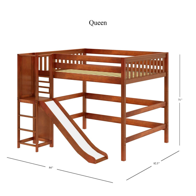 VALLEY XL CS : Play Loft Beds Queen High Loft Bed with Slide Platform, Slat, Chestnut